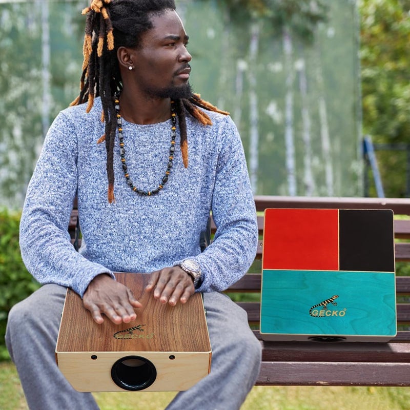 GECKO Cajon Drum Dual Sided Wooden Cajon with Bongo and Guitar String Sounds Portable Hand Percussion for Beginners and Professional Drummers Birch and Walnut Includes Carry Bag - Image 2